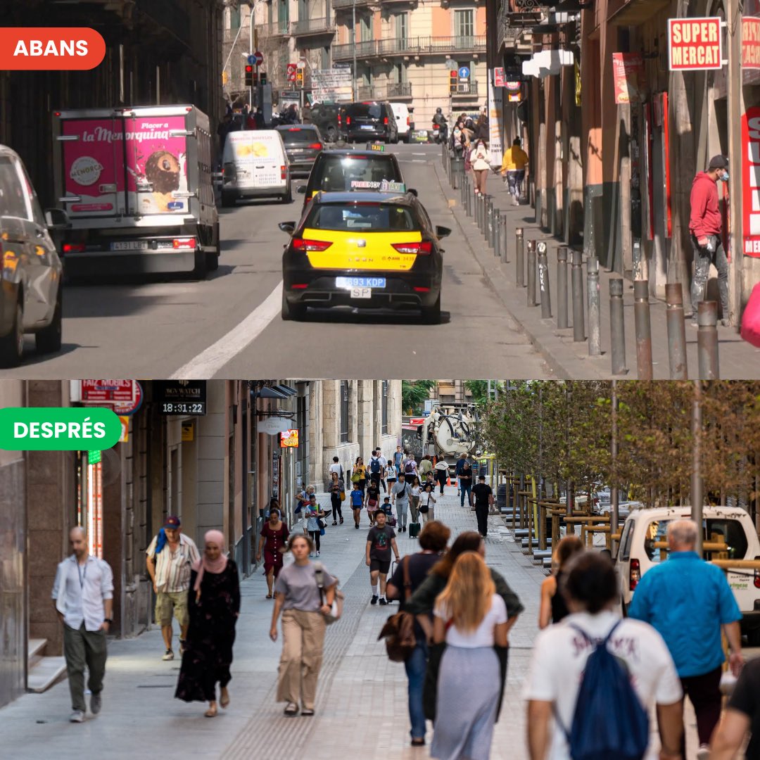 Carrer Jonqueres. De ser el carrer més gris de Barcelona, a aquesta meravella. Quan redueixes l'espai del cotxe, passen  coses excepcionals.