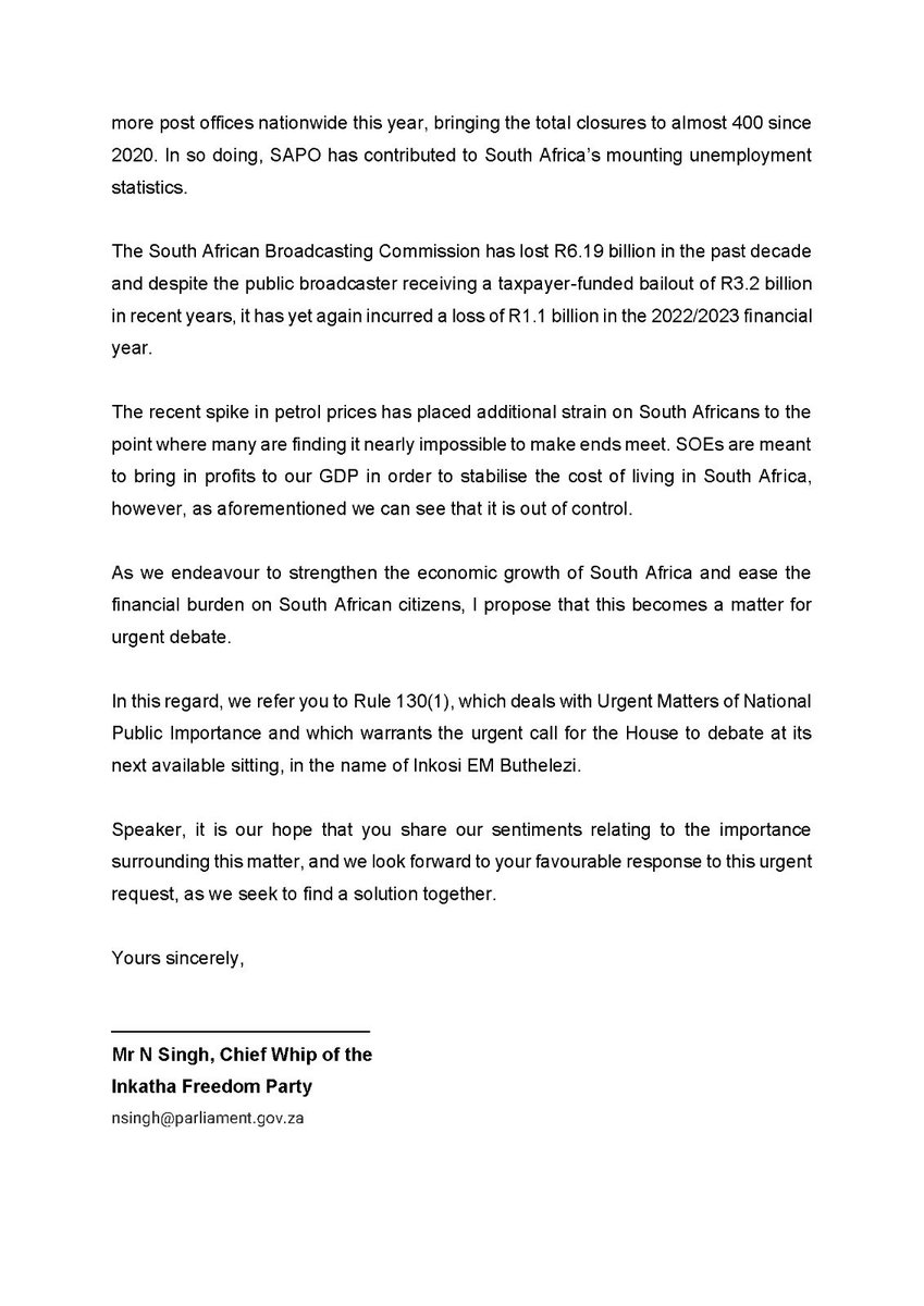 READ ✍🏽 IFP Letter to @ParliamentofRSA Speaker calling for an urgent debate on failing SOEs #Eskom #PostOffice #SASSA #Transnet #SABC @MkhulekoHlengwa @IFPinParliament