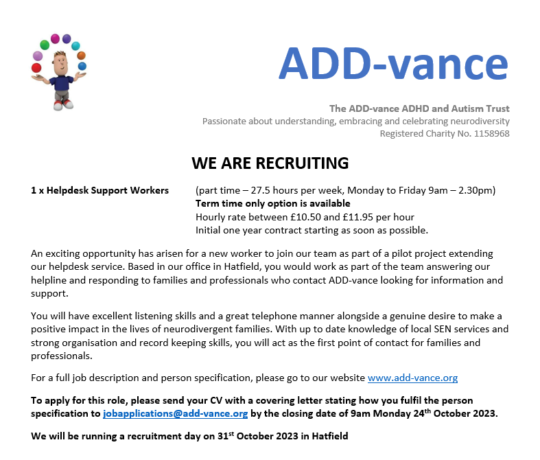 WE ARE RECRUITING!

Helpdesk Support Worker
Part time – 27.5 hours per week
Mon to Fri 9am – 2.30pm
Term time only option available

For a full job description &amp; person specification, click here: add-vance.org

#recruitment #job #charity #neurodiversity #Hertfordshire