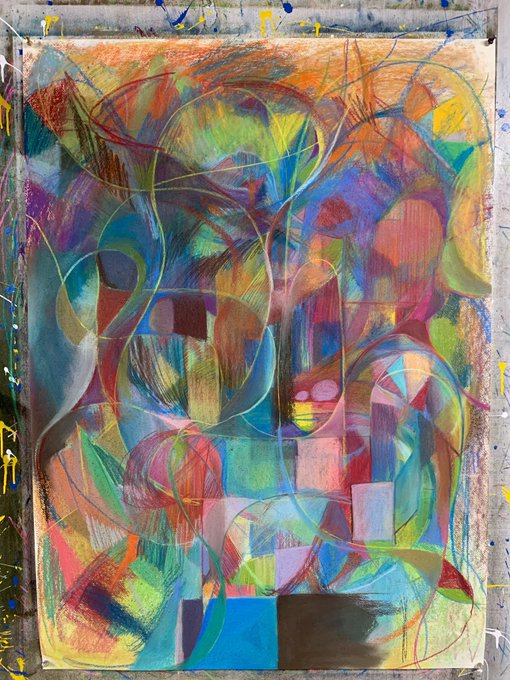 曲線と仲良くしたいけど、動きがない描き方してたから、どう合わせるか悩む#抽象画  #art  #パステル 