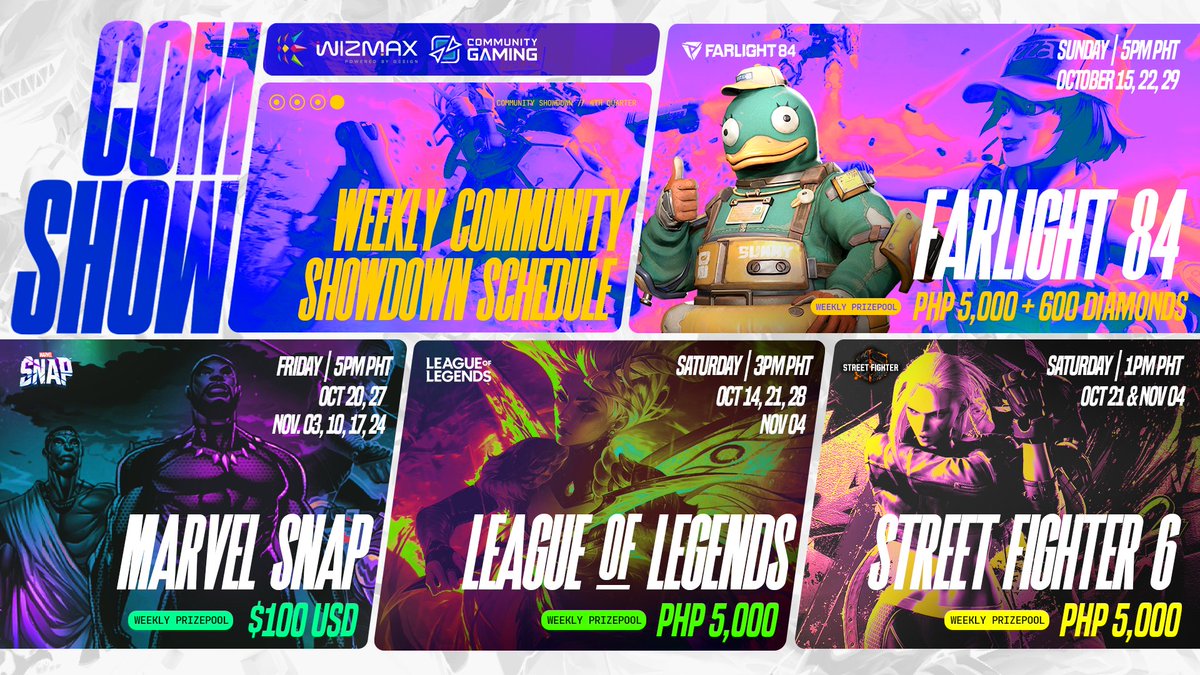 SEAesport's tweet photo. Time to gear up for another thrilling weekend!🕹️

📣 Here's our Weekly Community Showdown Schedule:
🔴 FARLIGHT 84
🔴 League of Legends
🔴 Marvel SNAP 
🔴 Street Fighter 6 

Choose your game, rally your team, and let's make this weekend an awesome one!

#SEArising | #ComShow https://t.co/pKverly1PS