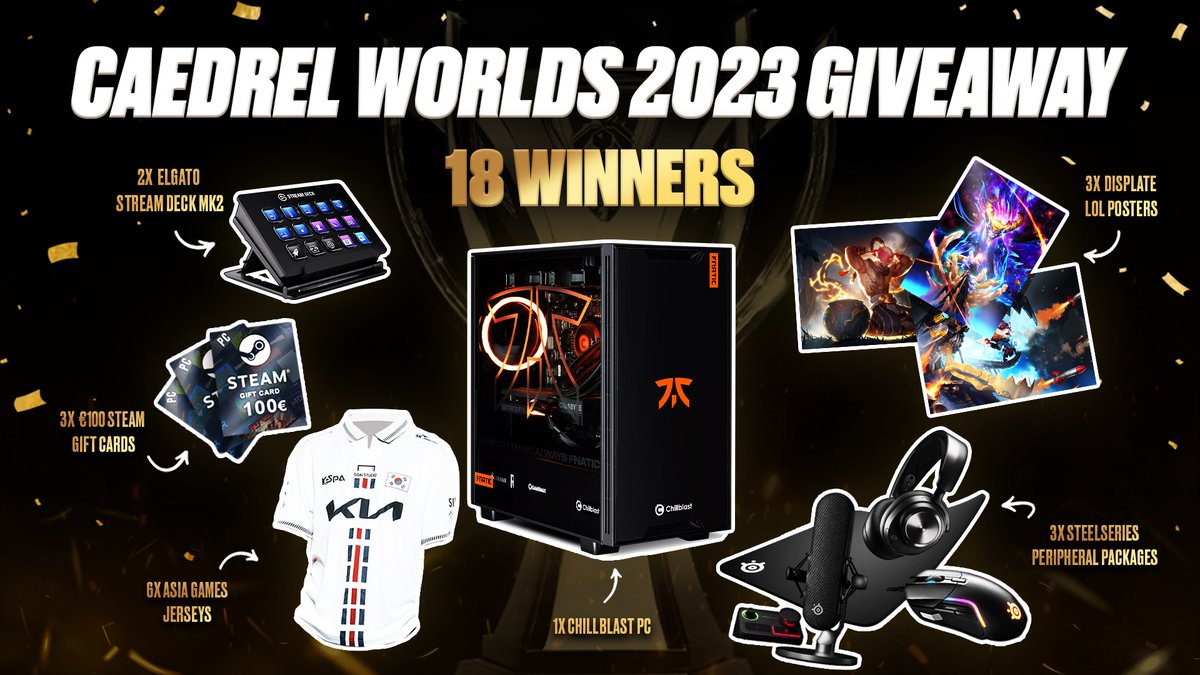 🏆CAEDREL'S WORLDS 2023 GIVEAWAY🏆 18 Prizes including 6 Team KR Asia Games Jerseys & A New PC 🎉 🌎Worldwide 🔁RT & Comment on this tweet ☑️Follow @Caedrel on Instagram ▶️Subscribe to @Caedrel on Youtube For more entries, click below: caedrelworldsgiveaway.com #Worlds2023