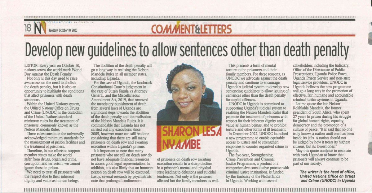 🗣️ Today is the World Day Against the Death Penalty. @UNODC_EA in 🇺🇬has published an Op-Ed in the @newvisionwire calling for the dev’ of new sentencing guidelines to allow issuing of sentences other than the death penalty for capital offences in Uganda. Please have a look 👇🏽