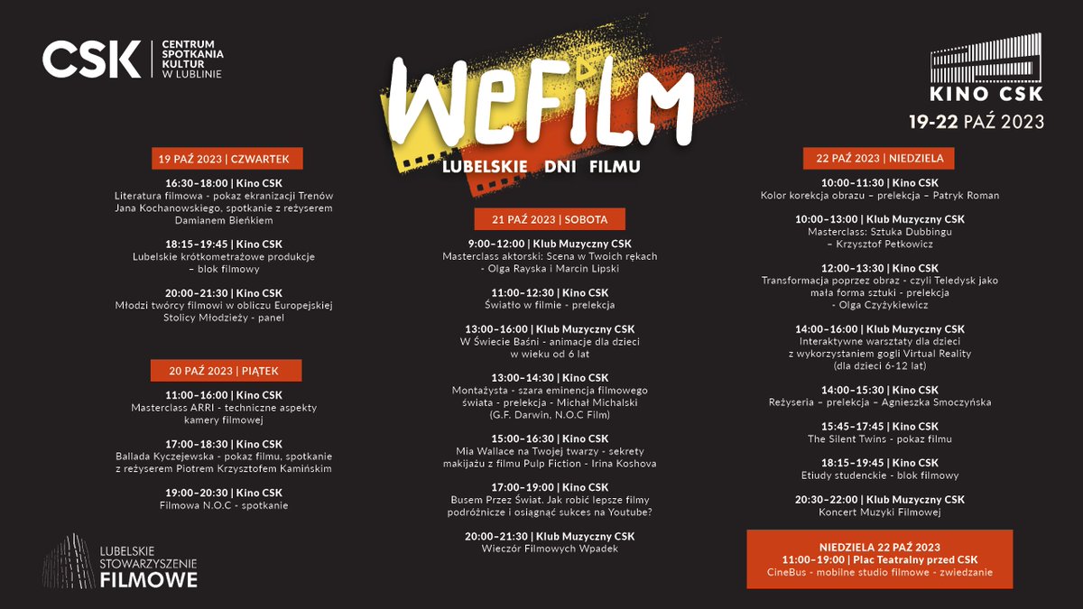 csklublin's tweet photo. 📽️🎞️Zbliża się kolejna edycja Lubelskich Dni Filmu #WeFilm:
👉warsztaty z filmowcami
👉projekcje filmów
👉spotkania z gośćmi polskiej sceny filmowej
👉wydarzenia rozrywkowe
👉strefa otwarta z przestrzenią chillout
ℹ️Bezpłatne wejściówki: Kasa CSK oraz na https://t.co/6BvL1TyJnv https://t.co/66VgeyE6rA