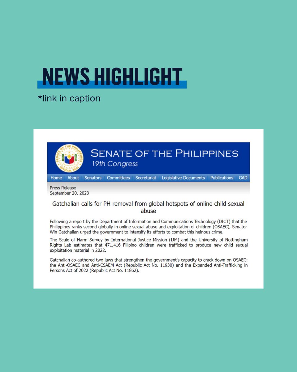 ijm_ph's tweet image. Philippine Senator Gatchalian urges the government to strengthen its efforts in combating OSAEC after the country is ranked second in the crime: legacy.senate.gov.ph/press_release/….

Learn more about #OSAEC and IJM’s #ScaleofHarm recommendations to combat it: assets.ijm.app/IJM_Scale_of_H…