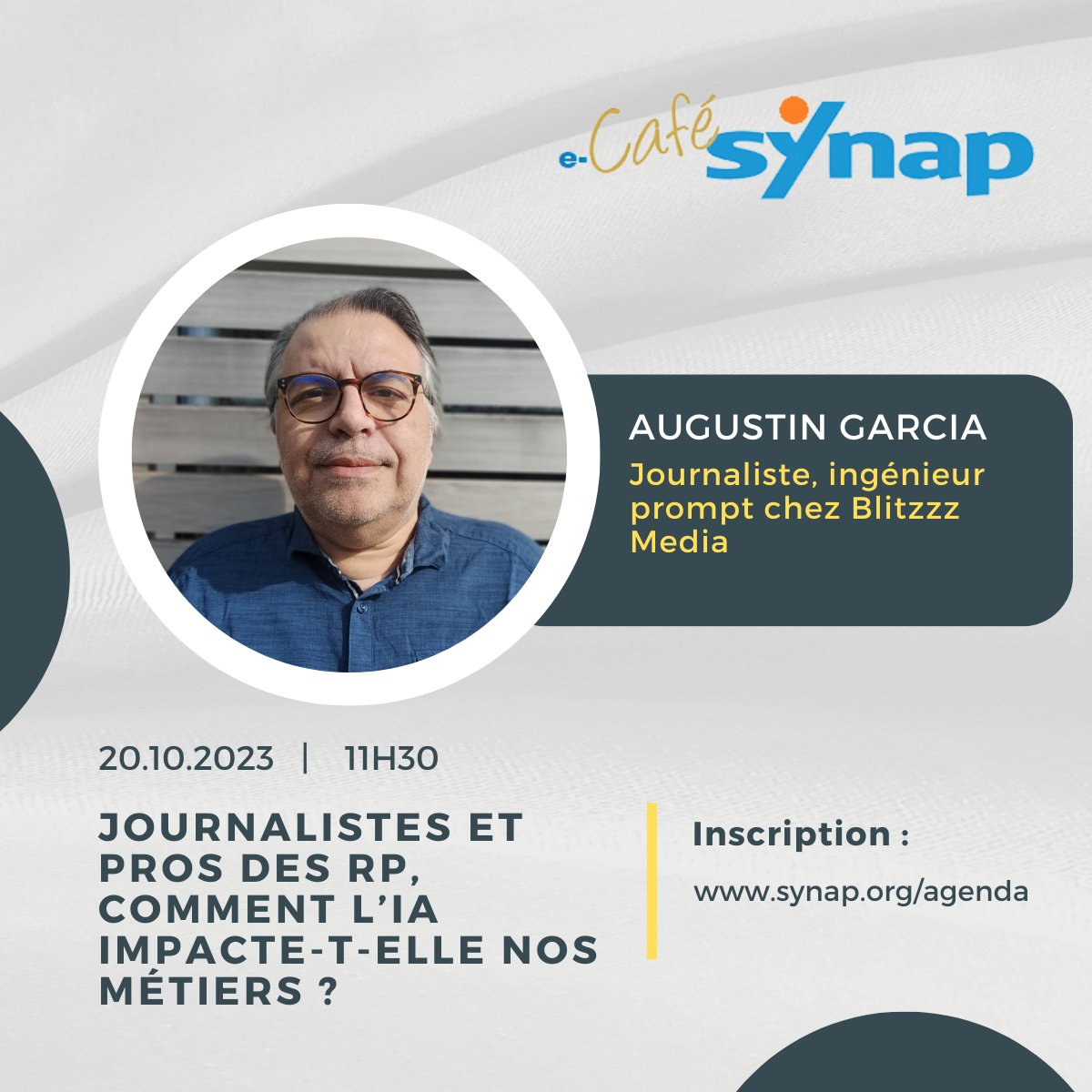 🗓️Comment l’#IA impacte-t-elle nos métiers ? Pour en parler, Augustin Garcia #journaliste et « #prompt engineer » en IA est l'invité du café SYNAP du 20 octobre.
#RP 
👉pour s'inscrire : synap.org/agenda/le-proc…