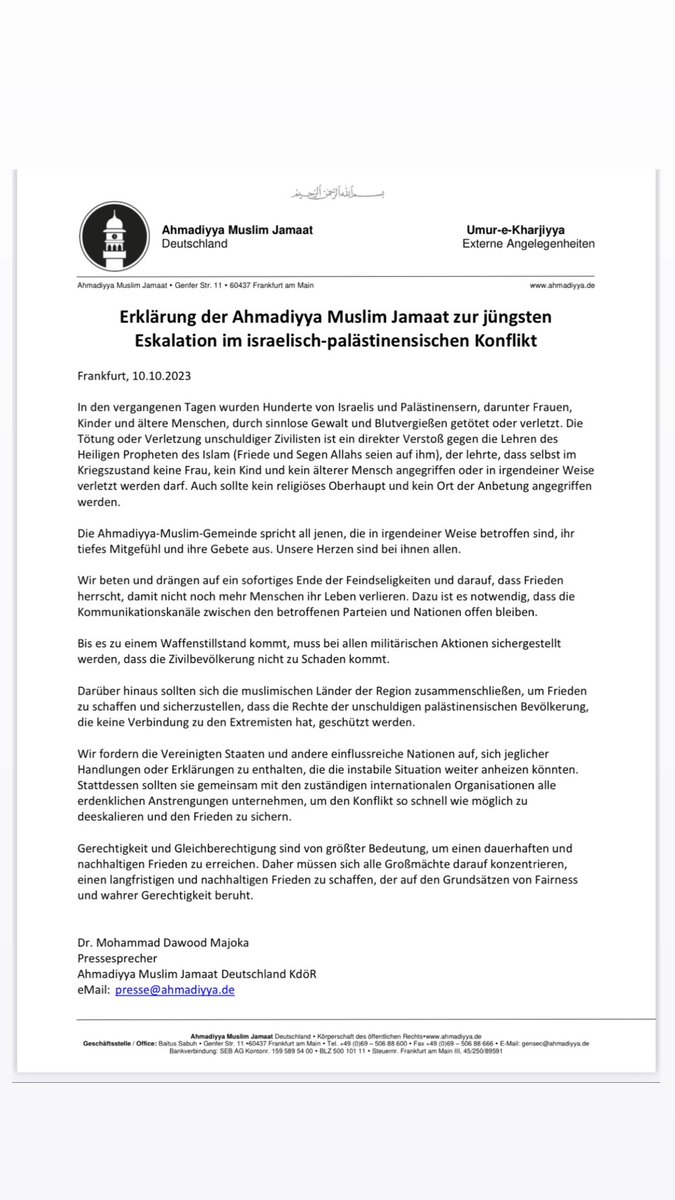 Erklärung der Ahmadiyya Muslim Jamaat zur jüngsten Eskalation im israelisch-palästinensischen Konflikt