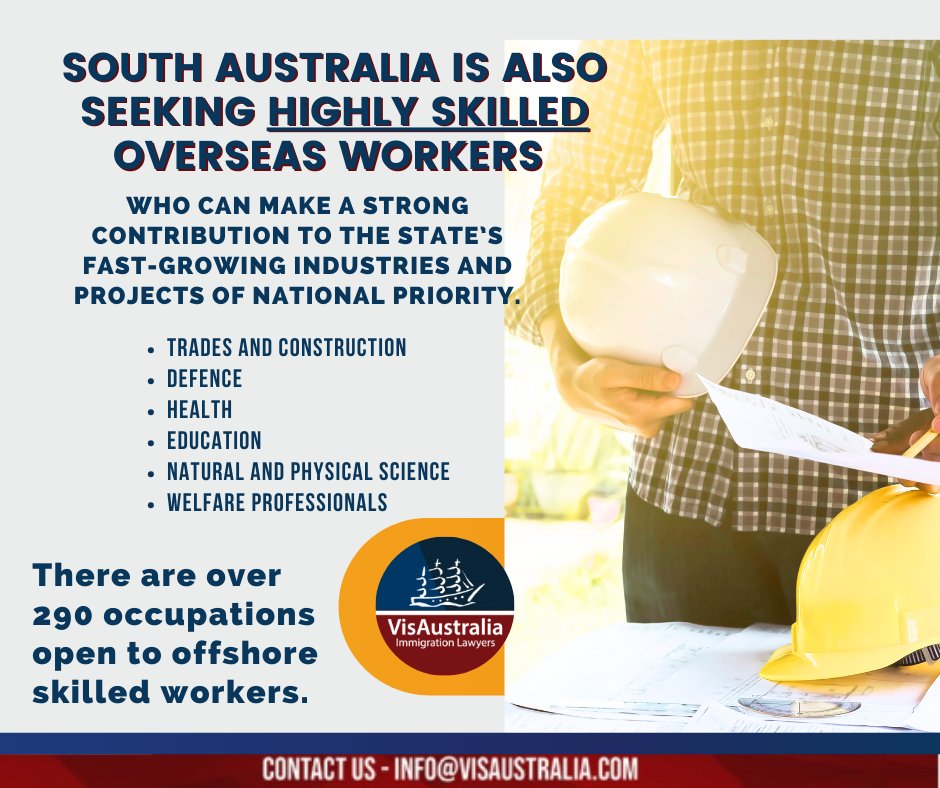 VisAustralia_'s tweet photo. ✅South Australian #Government has published the state’s 2023–24  
Experienced overseas workers with #skills in high-demand in South #Australia will be targeted through invitations to apply for South Australian nomination.
Book a Formal #Legal Consultation https://t.co/OjPHrgconk https://t.co/mX7HvZrHcH