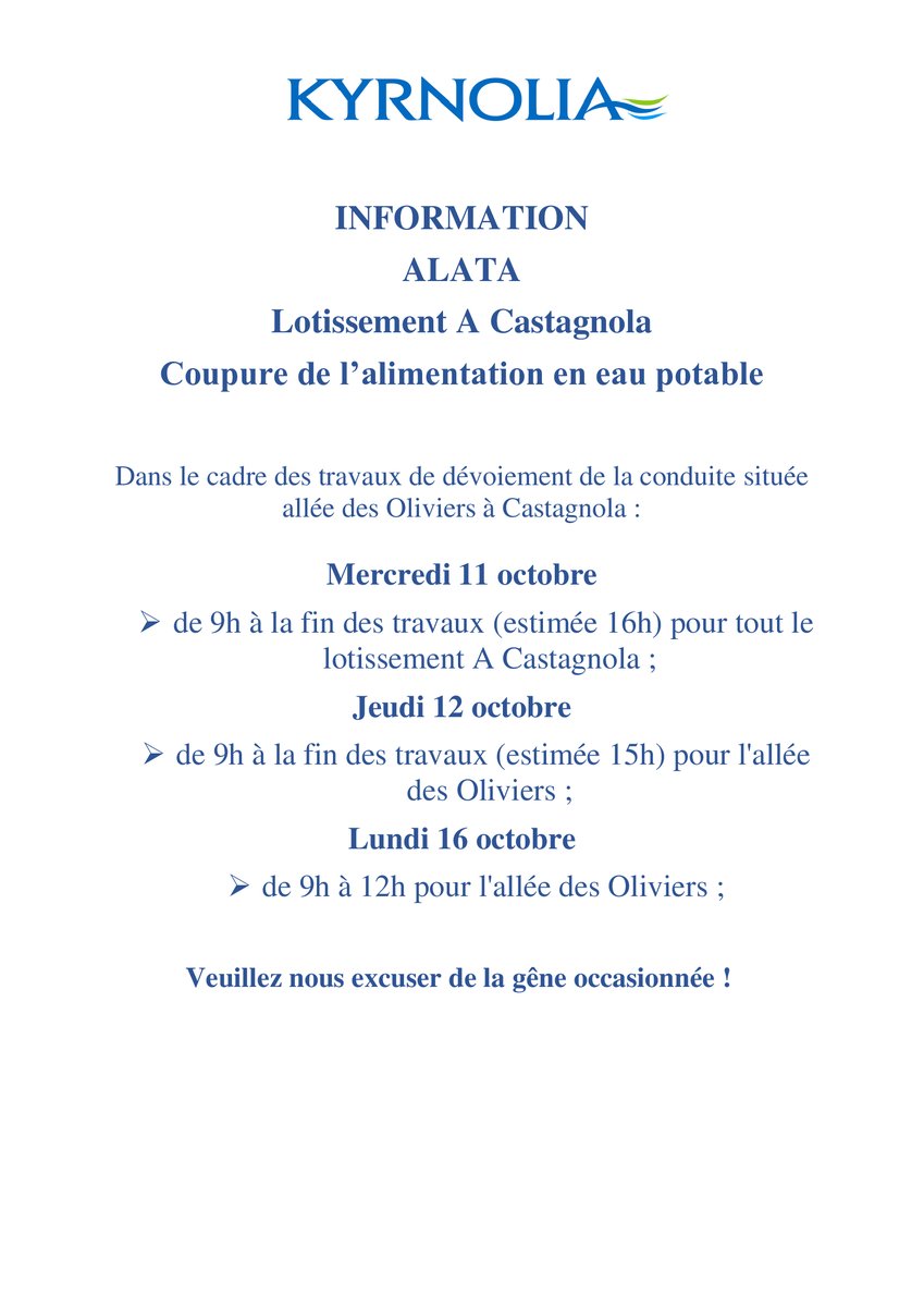 pays_ajaccien's tweet photo. #Kyrnolia informe d'une coupure en eau potable à Alata 
✅mercredi 11 octobre
✅ jeudi 12 octobre
✅lundi 16 octobre
secteurs suivants 👇👇 https://t.co/QuJHY0OayO