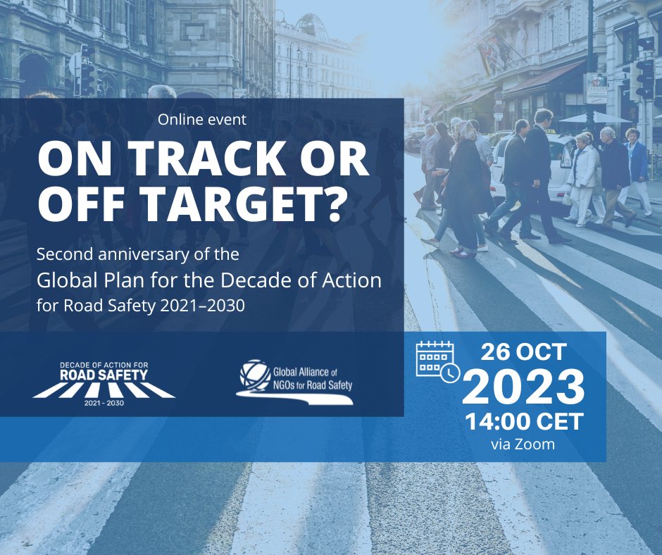 RoadSafetyNGOs's tweet photo. 2639 days until the end of 2030. Are we on track or off target to halve road deaths and injuries?
Join our online event on 26 October at 14:00 CET to mark the 2nd anniversary of the Global Plan to achieve the 2030 target
Register: https://t.co/0WBSLpyVXu
#RethinkMobility #50by30 https://t.co/GysC2PuW9G