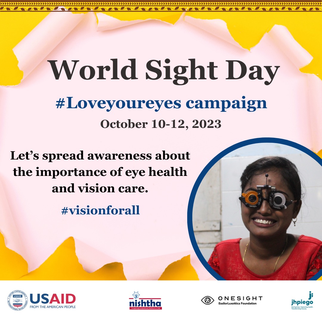 NISHTHA_CPHC's tweet image. From October 10-13, 2023, #VisionforAll takes center stage with the #LoveYourEyes campaign, Join us in this effort to raise awareness and tackle vision challenges.
#RighttoSee
@AyushmanHWCs @usaid_india @harshmangla @HFWOdisha @healthminmp @OneSightOrg  @Essilor
