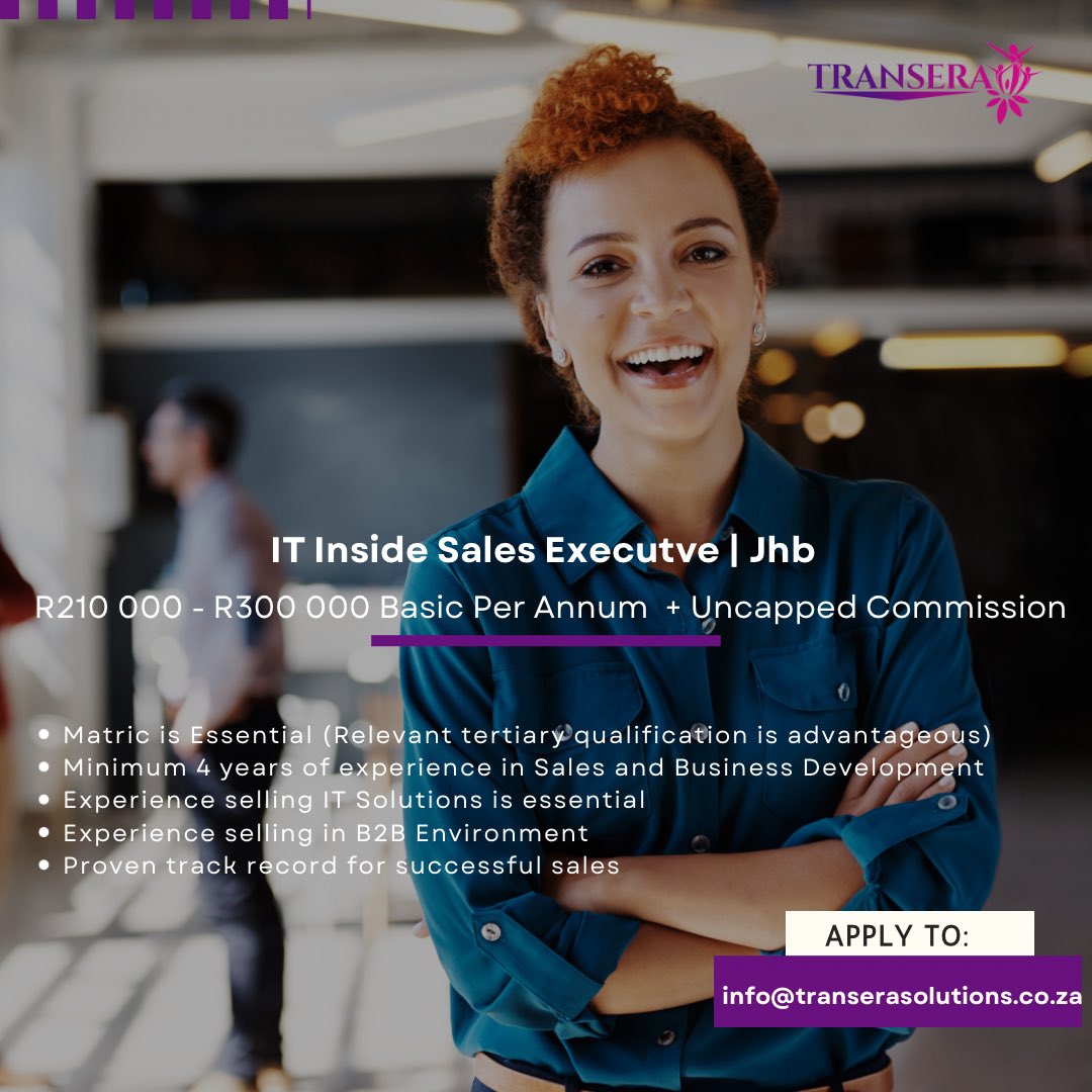 Our client- a Global IT Solutions provider is seeking a driven IT Inside Sales Executive for New Business Development 📲 Call us at 010 023 8002 💻 Email your resume to info@transerasolutions.co.za Dr Matthew Dr Nandipha #JobSeekersSA