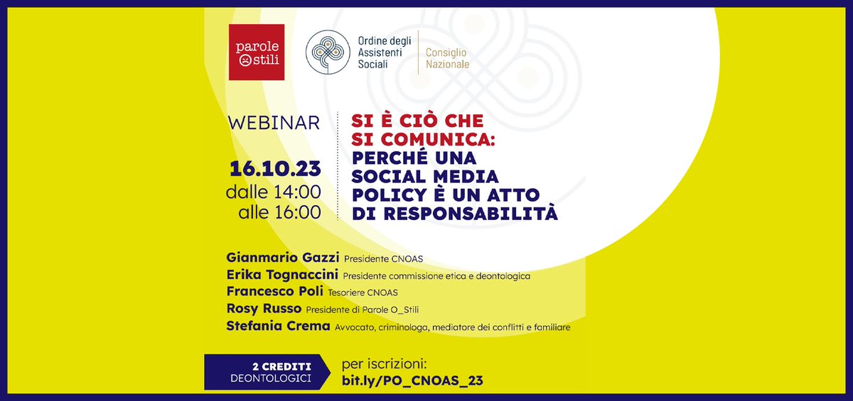 SOCIAL: mai più parole O_Stili. Webinar venerdì 16.
Iscrizioni👉 bit.ly/PO_CNOAS_23
#assistentisociali @CnoasNazionale @ParoleOstili