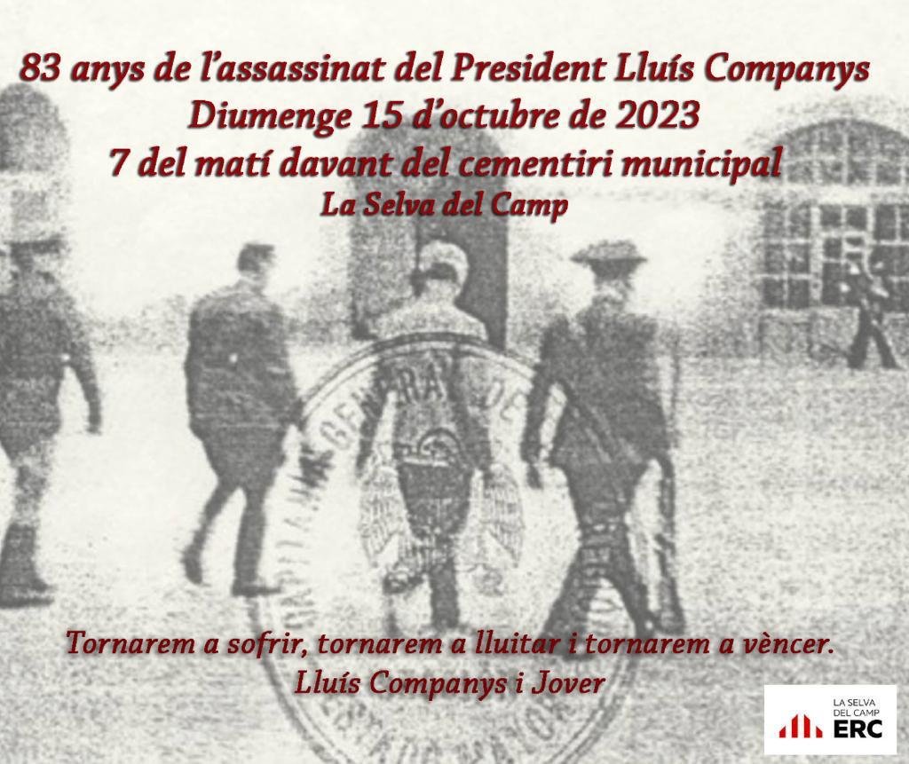 ERClaSelva's tweet photo. Diumenge 15 d'octubre de 2023

Acte commemoratiu dels 83 anys de l'assassinat del President Lluís Companys

A les 7 del matí davant del cementiri municipal

Organitza: Secció local d'ERC a la Selva del Camp 

#LaSelvaDelCamp #15O #LluísCompanys https://t.co/zHq8Ix345w