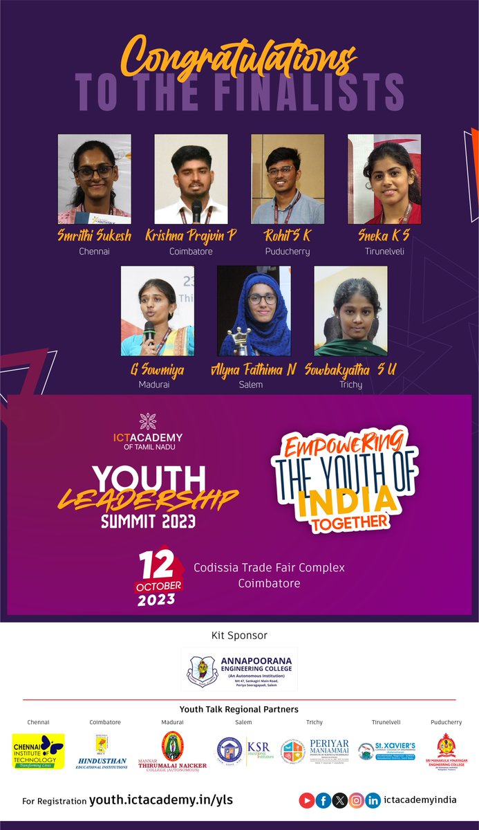 ictacademyindia's tweet photo. Our hearty congratulations to the finalists of the ICT Academy Youth Talk 2023!

Witness their public speaking prowess in the grand finale at the ICT Academy Youth Leadership Summit 2023 on 12 October 2023 at Codissia Trade Fair Complex, Coimbatore.

#YouthTalk2023 #YLS23 https://t.co/MG0qHCHpRn