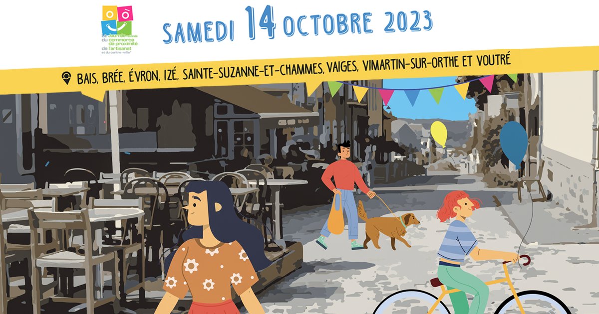 lescoevrons's tweet image. 🎈🛍 Rdv samedi 14 Octobre 2023 à #Bais, #Brée, #Évron, #Izé, #SainteSuzanneetChammes, #Vaiges, #VimartinsurOrthe et #Voutré pour la Journée nationale du commerce de proximité de l’artisanat et du centre-ville 2023 : swll.to/pPs0q #JNCP2023 #JNCP @jncp2023