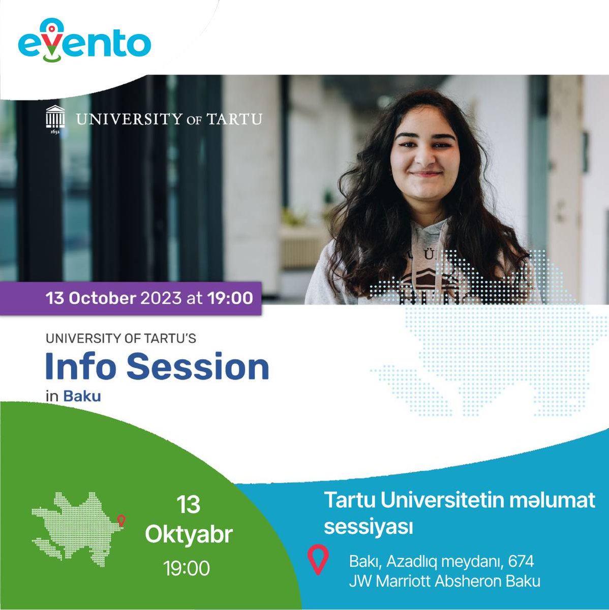 EventoBaku's tweet photo. 📷 Beynəlxalq bakalavr və magistratura proqramı axtaranlar üçün Tartu Universitetin məlumat sessiyası keçiriləcək. Burada onun proqramları, qəbul proseduru, müraciət tarixləri, yaşayış yerləri və s. haqqında məlumat veriləcək. Tədbir bütün iştirakçılar üçün pulsuzdur. 

#baku https://t.co/Z2J2EBXDmi