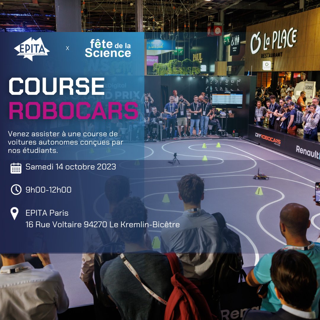 🚀 Plongez dans l'avenir de l'IA à l'EPITA ! Le 14 octobre 2023, assistez à une course fascinante de mini-voitures autonomes conçues par nos étudiants. Ne manquez pas cette fusion de technologie et d'innovation ! 🤖🏁 
Retrouvez l'article : swll.to/fnhWe 📖✨