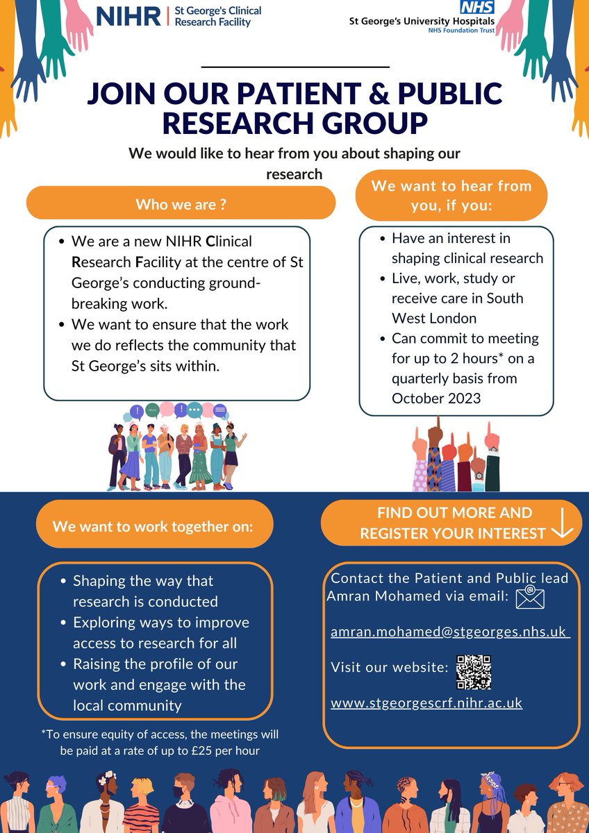 St_GeorgesCRF's tweet photo. 📢📢📢Final Call Out

Would you like to be part of shaping research at St George's Clinical Research Facility? 

Join our Patient and Public Research Group (more information below ⬇️)

Check out our website: https://t.co/eWXYsMu56D

#BePartofResearch #NIHR #StGeorges https://t.co/XlPbobPKn5