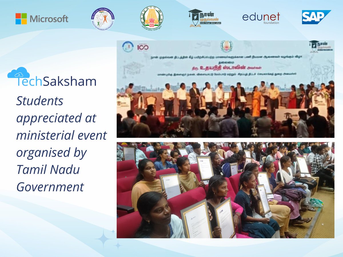 Celebrating the success of 15 exceptional TechSaksham graduates! They secured placements at top firms like HDB, TCS, and Shivam Corporate Services, receiving offer letters from the Chief Minister of Tamil Nadu. Their hard work and dedication paid off! #TechSaksham