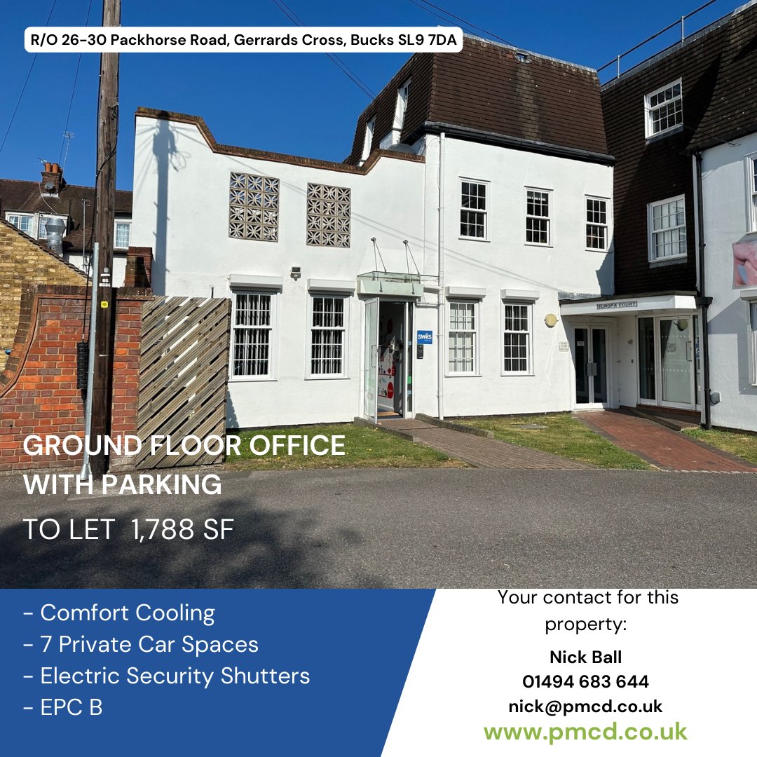 New Instruction!!  Ground Floor #office 1,788 sq.ft. with 7 car parking spaces available #ToLet in #GerrardsCross town centre. pmcd.co.uk