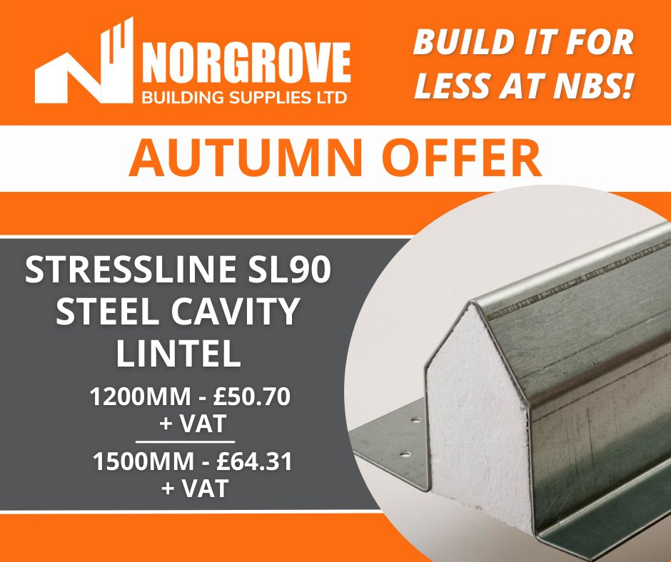 NorgroveBuild's tweet photo. AUTUMN SALE! 🍁🍂
 
Stressline SL90 Steel Cavity Lintels!
🔸 1200mm - £50.70 
🔸 1500mm - £64.31

Visit us online - https://t.co/e9XkRI7hls
Or visit the Kidderminster Branch or call 01562 824921 today! https://t.co/uO0VlhAB30