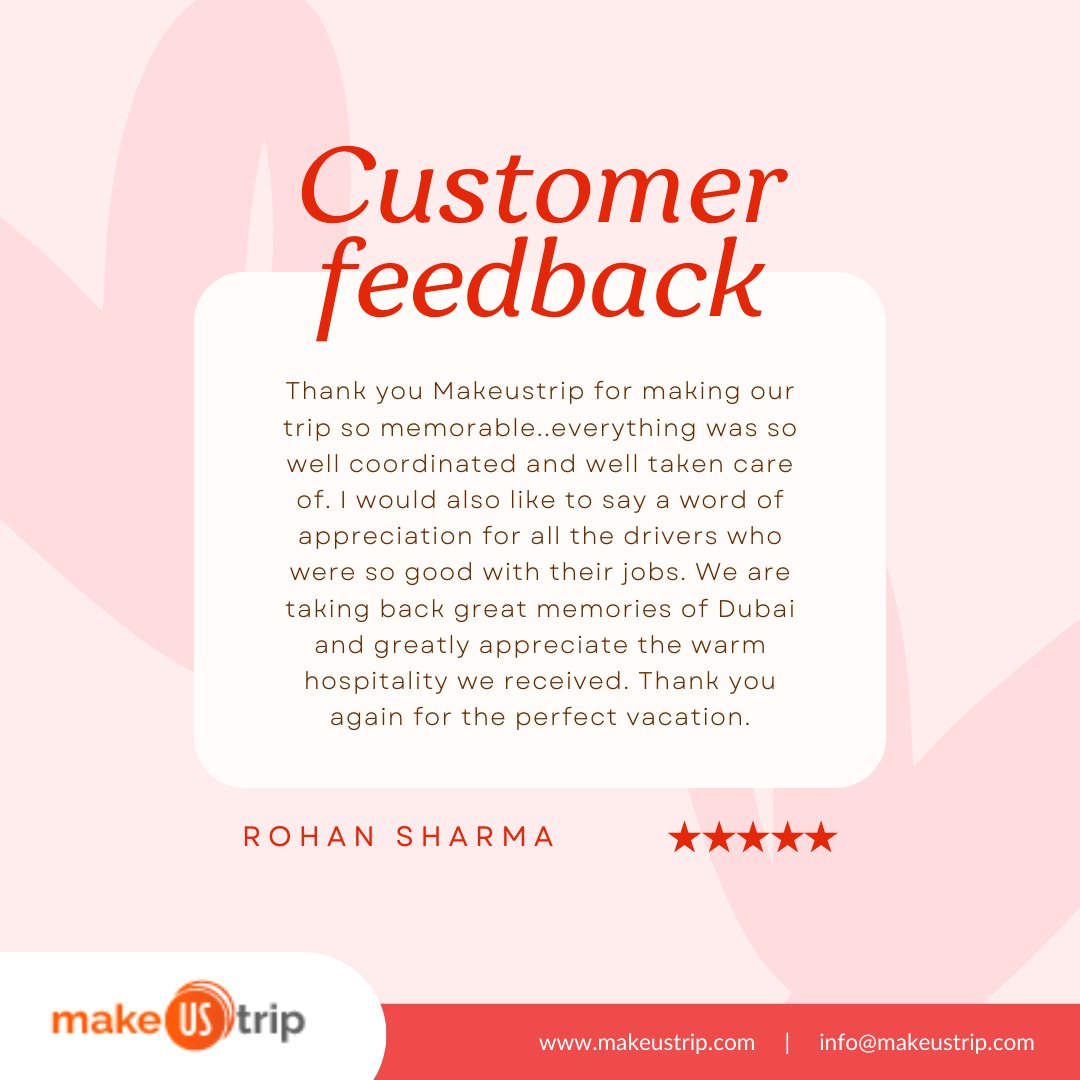 We're delighted to hear that you're pleased with our services. Thank you for your kind words.

For more details
makeustrip.com

#travel #travelmore #travelwithus #planyourtrip #planvacations #vacations #tourpackages #FeedbackMatters #happycustomer #feedbacktime