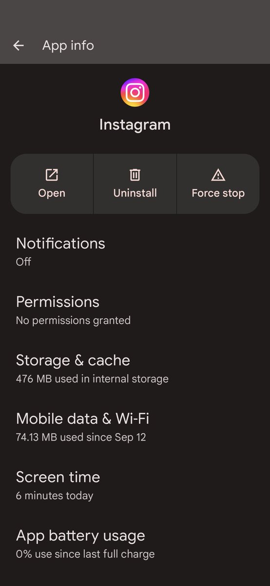 Gautham025's tweet photo. Instagram has no notification permission, no other permissions, cleared from app switcher, battery restricted, use background data off, yet it still is under Running Apps constantly running, why?, why @Meta @instagram always have to spy on us 24x7? Facebook is even worse for sure https://t.co/3pguwsP4YK