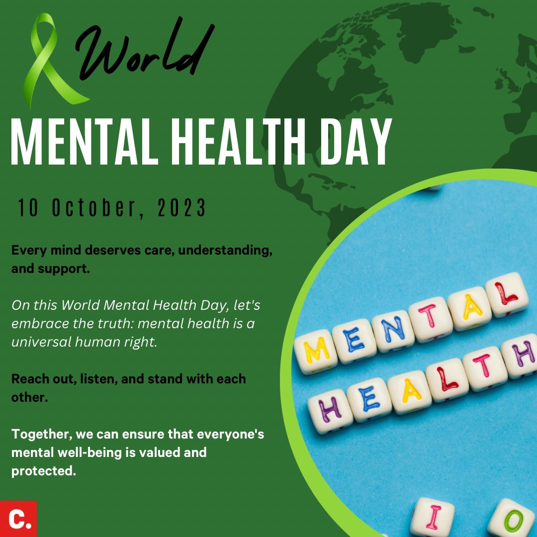 On World Mental Health Day, let's remember that mental health is a universal human right. 🌍💚 It knows no boundaries or borders, affecting us all. 

Together, we can break the stigma, raise awareness, and support each other's well-being. Reach out, listen, and show compassion