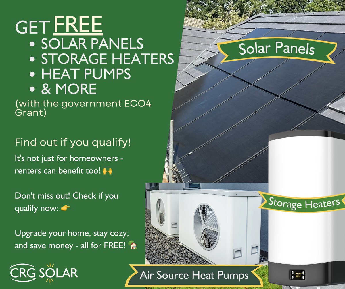 CrgDirectSolar's tweet image. 🔥 Say goodbye to winter chills and sky-high energy bills! 🔥

Upgrade your home FOR FREE with the ECO4 Government Grant! 🏡💰

Get ready to enjoy: ✅ Free solar panels ✅ Heat pump ✅ Insulation ✅ And more!

Click here: crgdirect.co.uk/eco-grant-sola…