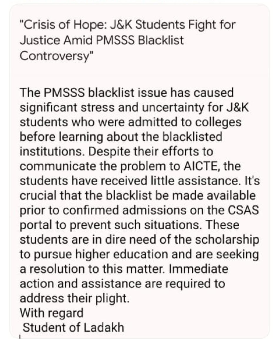 PadmaStanzin29's tweet photo. This is to inform all the concern authorities to resolve the issue of PMSSS College Blacklist by AICTE.The new admi..students are very much concern and it have caused significant stress for them. It's not their fault so please concerned authorities should take some action. https://t.co/Rtum1svby7