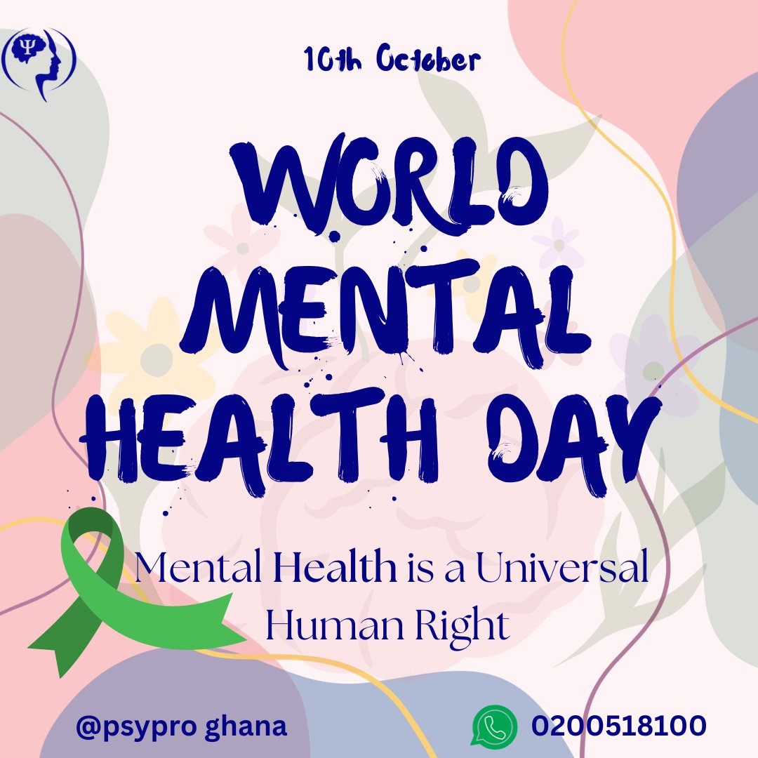 Psypro_gh's tweet photo. 🌍💚 On #WorldMentalHealthDay, we proudly stand for the belief that Mental Health is a Universal Human Right. Let's break the stigma and support each other on this journey to well-being. Together, we can make a difference.  #MentalHealthForAll #YouAreNotAlone #PsyProGhana #WMHD💚 https://t.co/dInSzCn8Ha