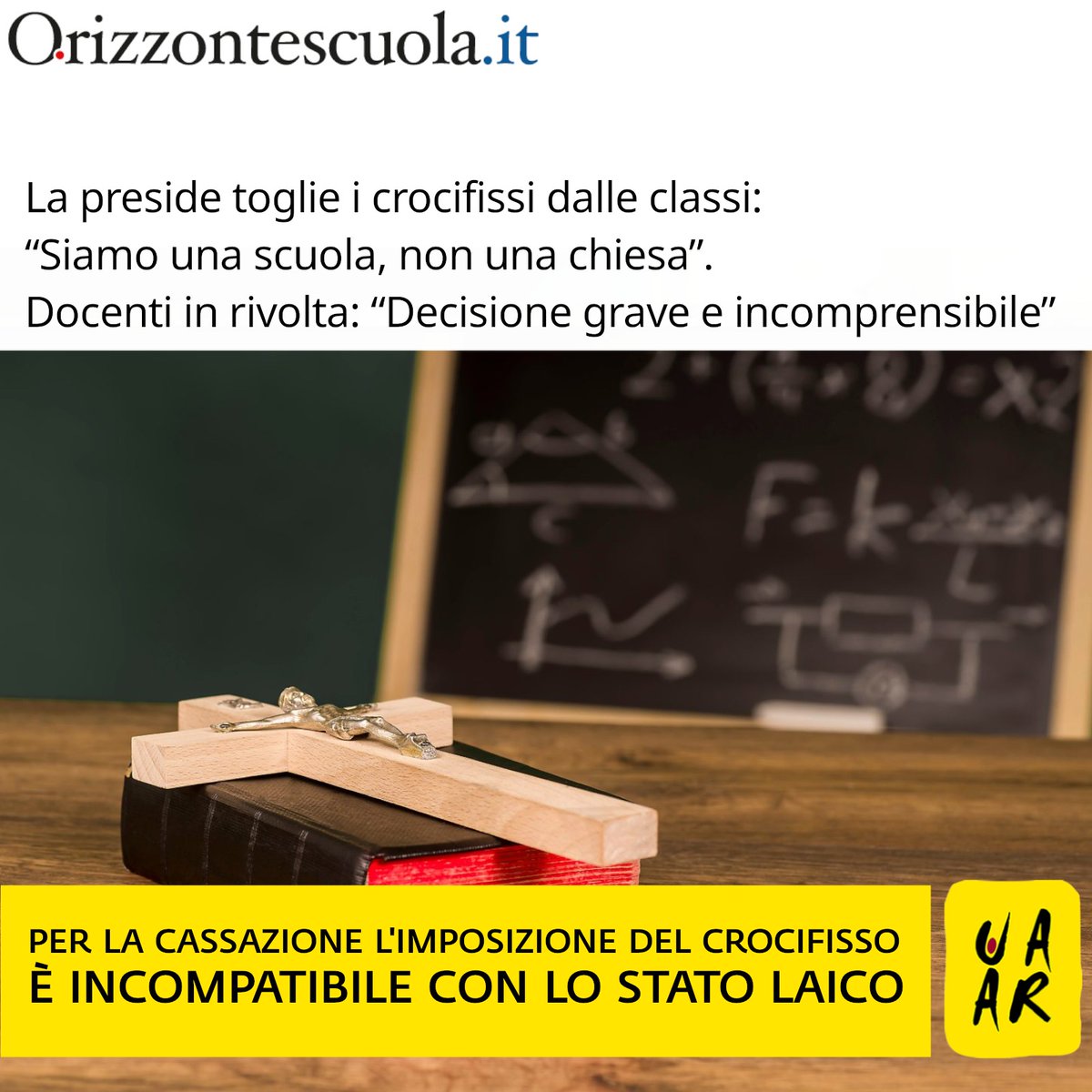 UAAR_it's tweet photo. #Carpi, preside di una scuola fa togliere #crocifissi. Malumori di alcuni insegnanti, che invocano un presunto «dialogo». Ma la preside spiega con buon senso che «il crocifisso è un simbolo religioso. Qui siamo in una scuola, non in una chiesa». 👇 
https://t.co/fnty4XDK8A https://t.co/vDA3xlIqVG