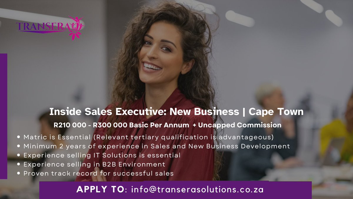 Our client- a Global IT Solutions provider is seeking a driven Inside Sales Executive for New Business Development 📲 Call us at 010 023 8002 💻 Email your resume to info@transerasolutions.co.za #jobseekers News24 Dr Matthews Dr Nandipha