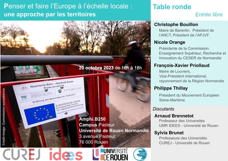 CUREJ (@curej_urn) on Twitter photo 📢Penser et faire l'Europe à l'échelle locale. Une approche par les territoires. Table-ronde ouverte à toustes.
🗓️20 octobre 2023
#Europe #territoires
<a href="/ToureilleE/">Toureille Etienne</a> <a href="/fr2007_cist/">CIST</a> <a href="/univrouen/">Université de Rouen Normandie</a> <a href="/IrihsUniversite/">IRIHS - Université Rouen Normandie</a>
<a href="/Chris_Bouillon/">Christophe Bouillon</a> <a href="/fxpriollaud/">Francois-Xavier Priollaud</a> 📢Penser et faire l'Europe à l'échelle locale. Une approche par les territoires. Table-ronde ouverte à toustes.
🗓️20 octobre 2023
#Europe #territoires
<a href="/ToureilleE/">Toureille Etienne</a> <a href="/fr2007_cist/">CIST</a> <a href="/univrouen/">Université de Rouen Normandie</a> <a href="/IrihsUniversite/">IRIHS - Université Rouen Normandie</a>
<a href="/Chris_Bouillon/">Christophe Bouillon</a> <a href="/fxpriollaud/">Francois-Xavier Priollaud</a>