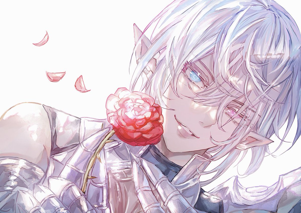 flower 1boy pointy ears male focus solo holding flower white hair  illustration images