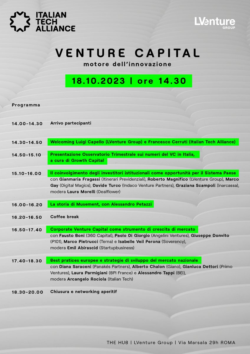Italian Tech Alliance con LVenture Group organizza Venture Group - Motore dell'innovazione, un momento in cui fondi di #VentureCapital, investitori istituzionali e corporate si confronteranno sulle sfide e le potenzialità dell'ecosistema italiano dell'#innovazione 👇🏻