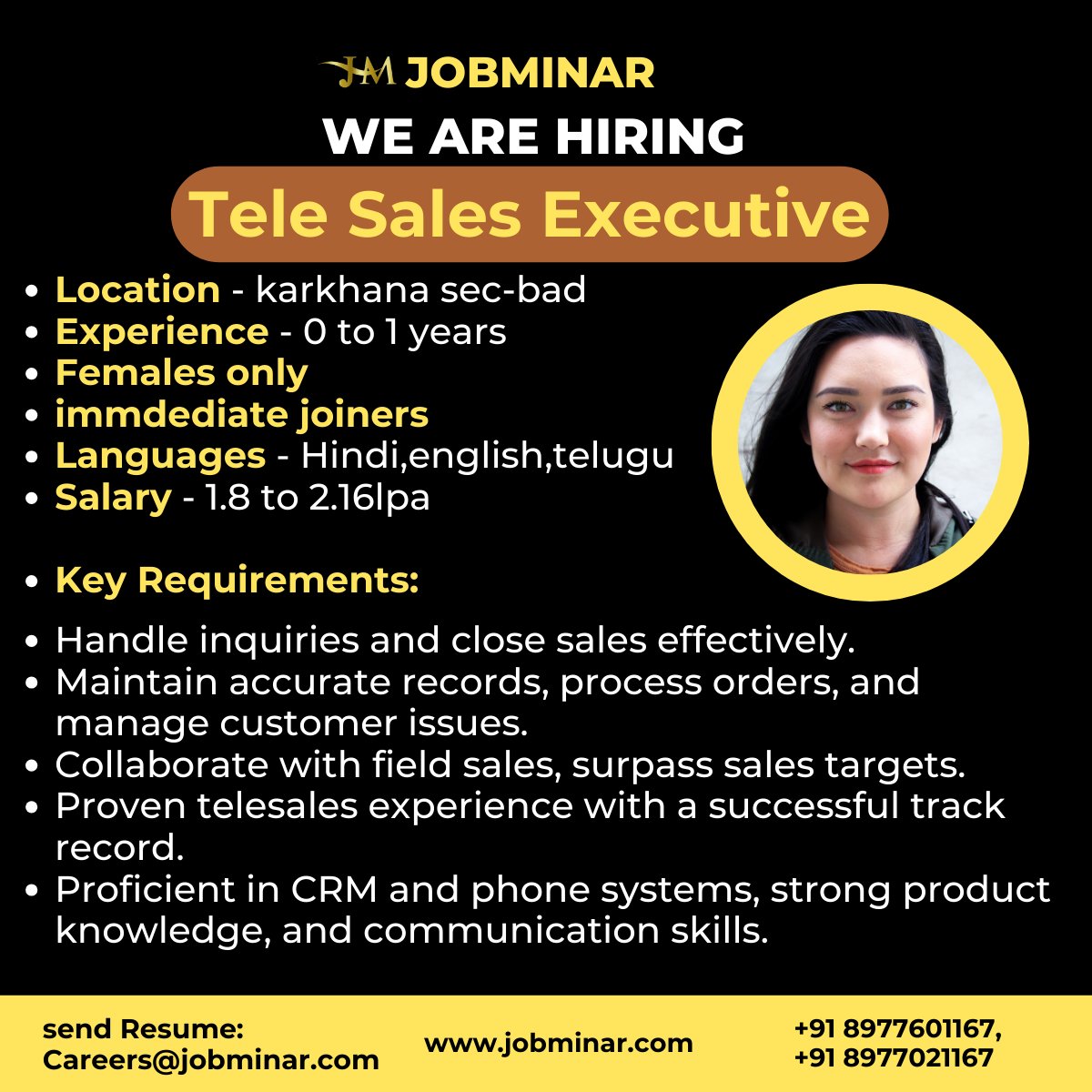 we are hiring for tele Sales Executive with 0 to 1 years of experience for karkhana, secunderabad location
if anyone is intrested please share your resume on careers@jobminar.com
or feel free to reach out to us on +91 8977601167,+91 8977021167
#TeleSalesJobs #SalesExecutive #Job