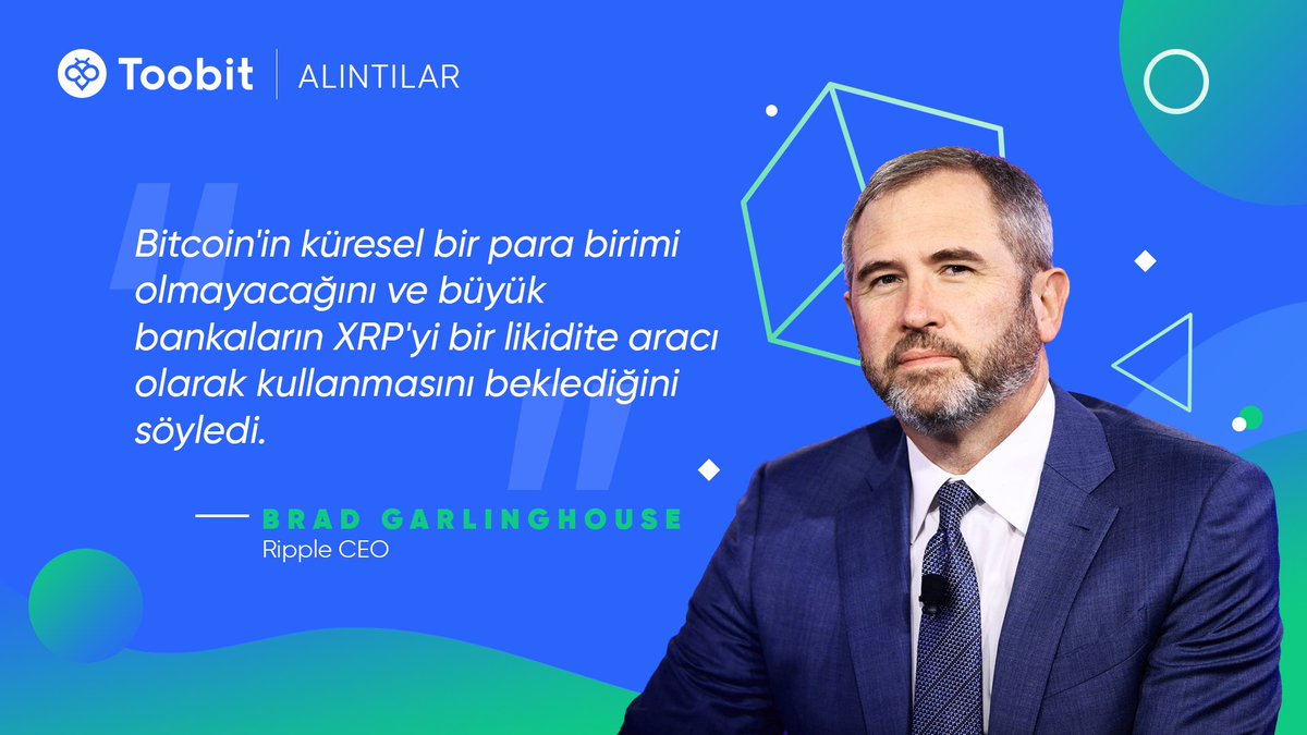 Toobit_Turkiye's tweet photo. Bitcoin'in küresel bir para birimi olmayacağını ve büyük bankaların xrp'yi likidite aracı olarak kullanması beklediğini söyledi.🌐💰
- BRAD GARLINGHOUSE Ripple CEO
#Toobit #questos #CryptoInvestment #cryptocurrencies https://t.co/fc077K0GAd