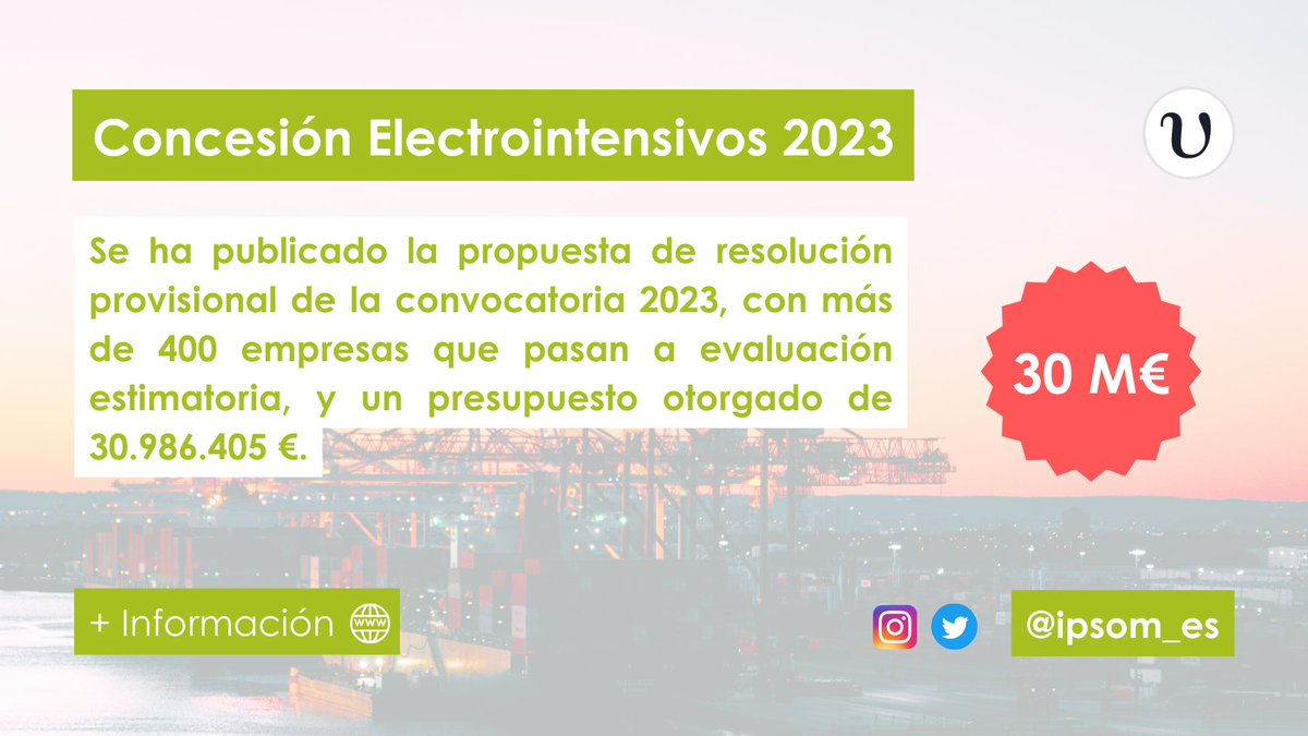ipsom_es's tweet photo. https://t.co/XztTzA3Idk

Publicada la resolución provisional para #consumidores #electrointensivos de la convocatoria 2023. 🏭 📡

#ipsom #ayudas #industria https://t.co/WYnIJyWUAm