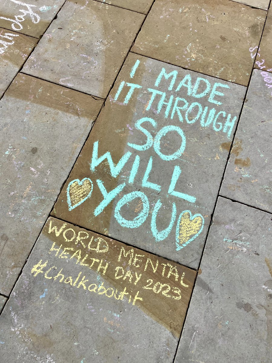 ILoveMCR's tweet photo. 💚 Today is #worldmentalhealthday
If you’ve been through St Ann’s Square this morning you’ll notice messages of love and positivity chalked along the pavement.
This is part of an initiative called “Chalk About It” created by a local artist to encourage people to open up and talk about their mental health 💚