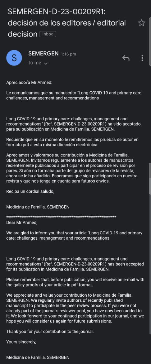<a href="/ShahzaibAhmed_/">Shahzaib Ahmed</a> and I, along with a brilliant team, worked on a narrative review on long COVID-19 in primary care that just got accepted for publication. 

The wait pays off sometimes ✅