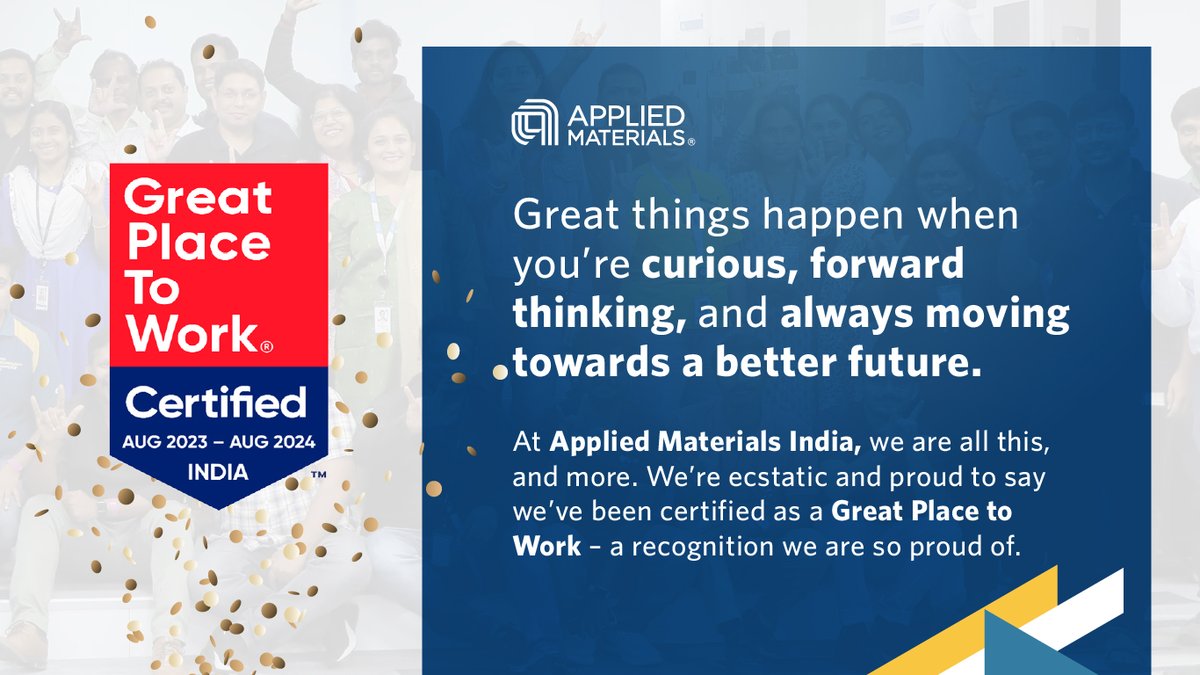 Applied_India's tweet photo. We are thrilled to announce that #AppliedMaterialsIndia has been awarded the Great Place To Work® India certification.

#WeAreApplied #WeWorkHere https://t.co/P64dtw8ak3