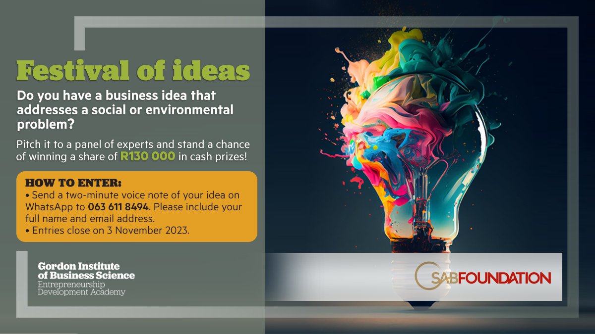 GIBSAcademy's tweet photo. If you believe you have what it takes to present your ideas to a panel of experts and a live audience, we'd love to hear from you!

The GIBS EDA, in partnership with the @sabfoundationsa , is excited to announce the 10th annual Festival of Ideas Competition, https://t.co/JbhQsr2qQj