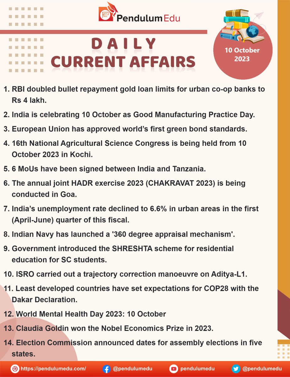 pendulumedu's tweet photo. Stay Updated with Daily Current Affairs of 10 October 2023 - https://t.co/26fxhQQIlG
#currentaffairsupdates #RBI #RepaymentGoldloan #Goodmanufacturingpracticeday #EuropeanUnion #Nationalagriculturalscience #IndiaandTanzania #CHAKRAVAT2023 #HADRExercise2023 #Indiannavy #AdityaL1 https://t.co/gxEx6T17IO