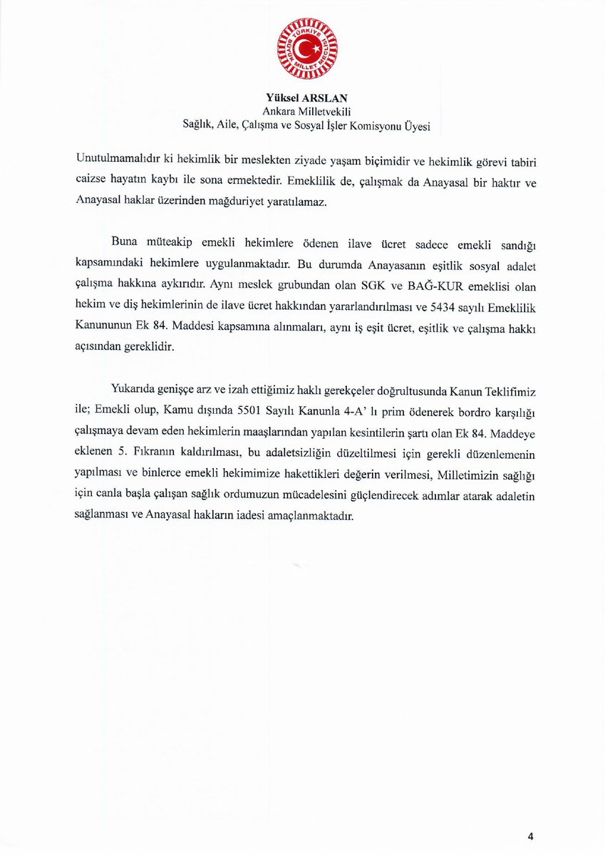 Emekli Hekimlerimiz ile ilgili;

 ✔️Emekli Sandığı Kanununun Ek 84. Maddesi gereğince; emekli Hekimlerin maaşlarına iyileştirme anlamında yapılan ek ödemeden, 5510 Sayılı Kanuna göre 4-A kapsamında çalışan kamudan emekli Hekimlerin de faydalanmasına,