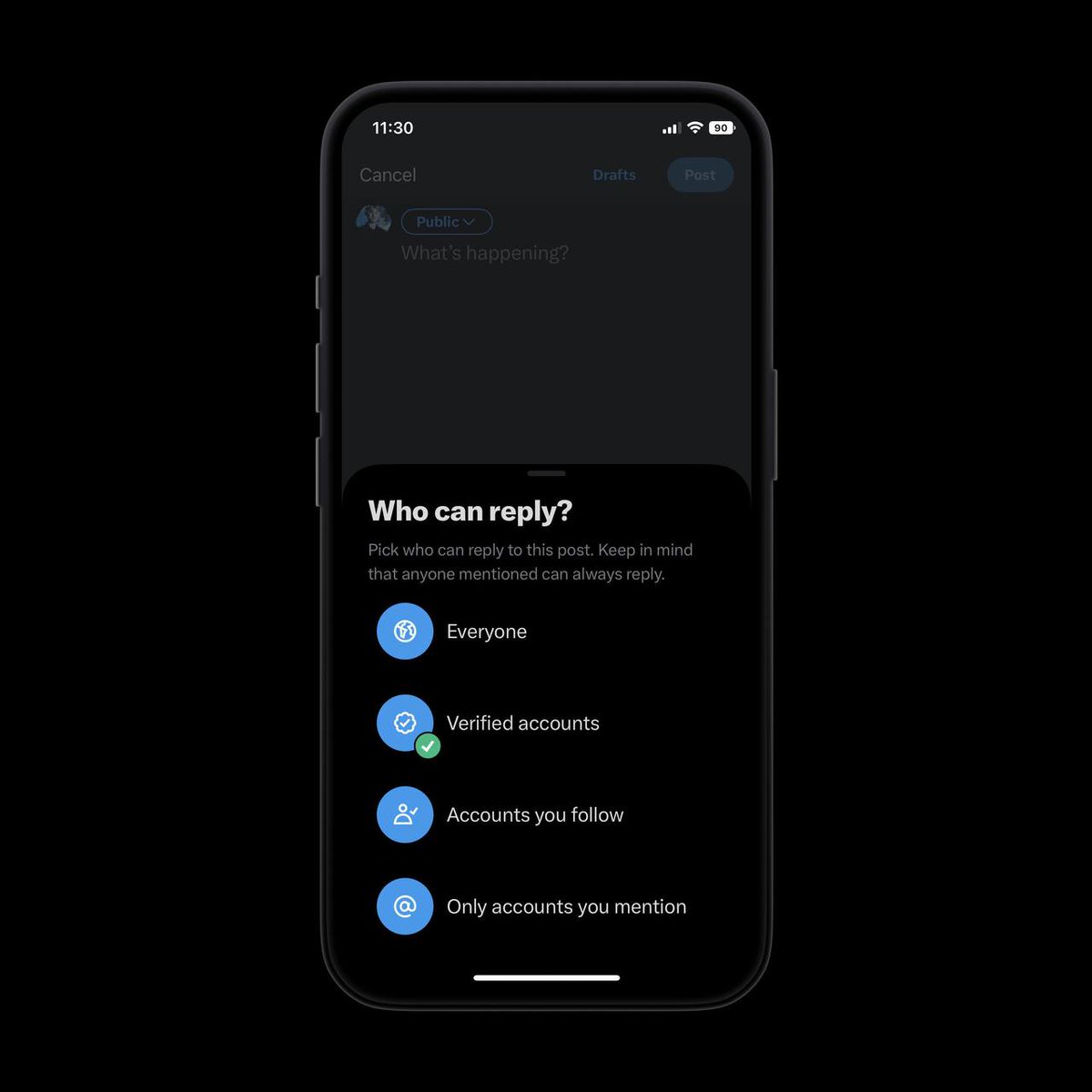 اصبح الان بالامكان اختيار المستخدمين الذين تم التحقق منهم (الموثقين فقط) للرد على منشوراتك في تويتر X.