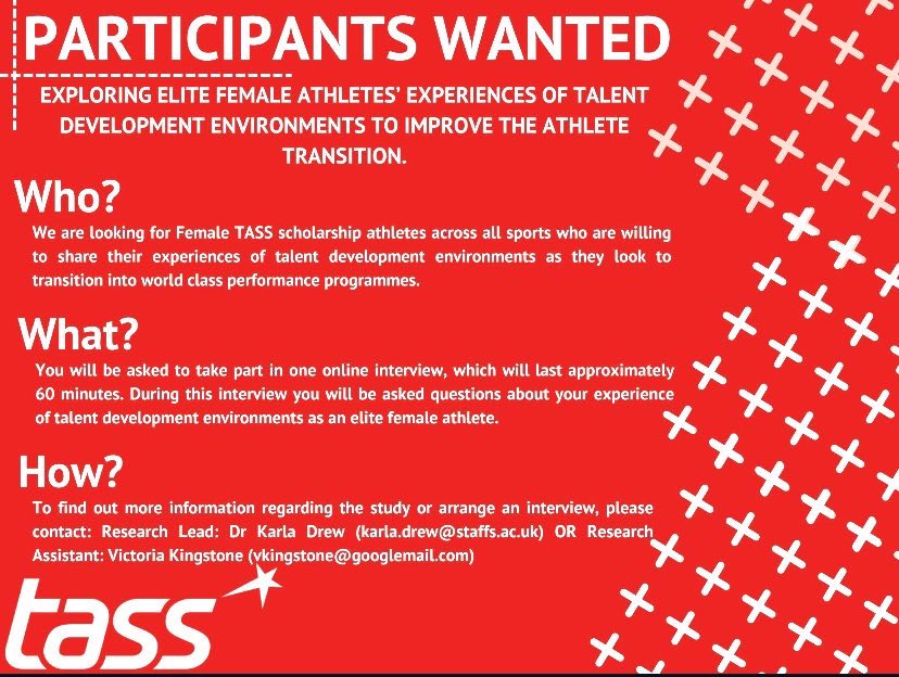 Would love to hear from female <a href="/TalentedAthlete/">TASS</a> (TASS) athletes to take part in our research (1 interview) looking at talent development and how to best support female athletes transitioning onto world class performance programmes. Please reach out 👋