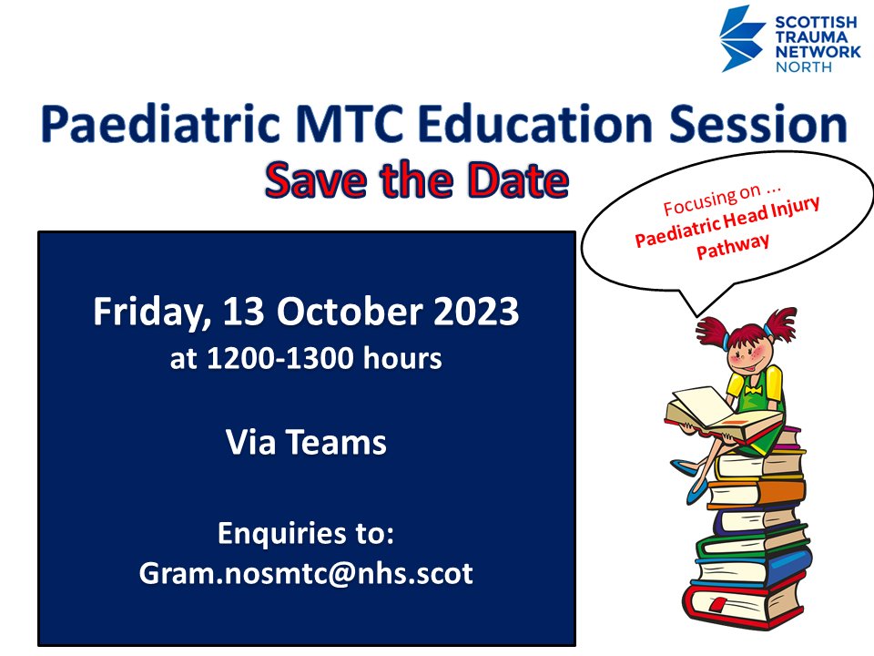 Join our training session on Friday (12-1) focusing on the paediatric head injury pathway in the north of Scotland #lunchandlearn @NHSGrampian @NHSHighland @NHSOrkney @NHS_Shetland @NHSWI @ChildrenUnit @ScotTraumaNwk @TraumaSas @EMRSscotland