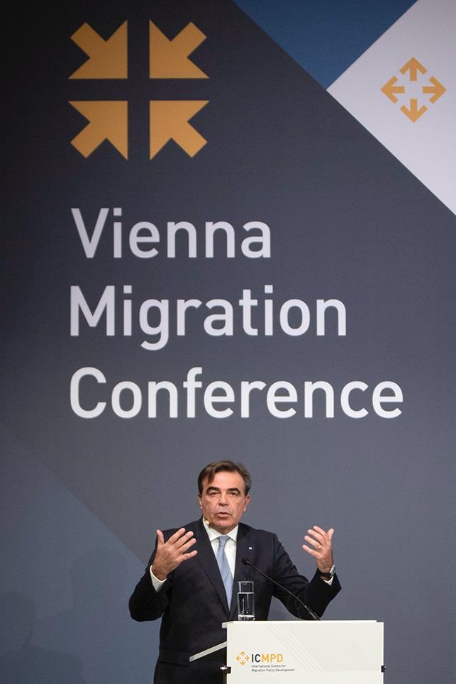 MargSchinas's tweet photo. Honoured to open @ICMPD Vienna Migration Conference - the epicentre of migration expertise.

We are starting to rewrite the script. A successful migration policy needs strong external engagement, a varied toolbox of measures, new allocation of resources &amp; targeted legal pathways. https://t.co/RPe41BGfnj